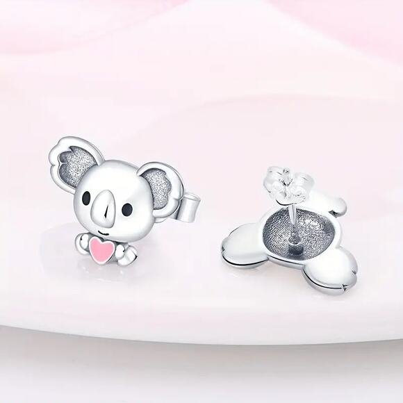 Sterling Silver‎ Koala Bear Stud Earrings with Pink Heart - S925 - Picture 4 of 5